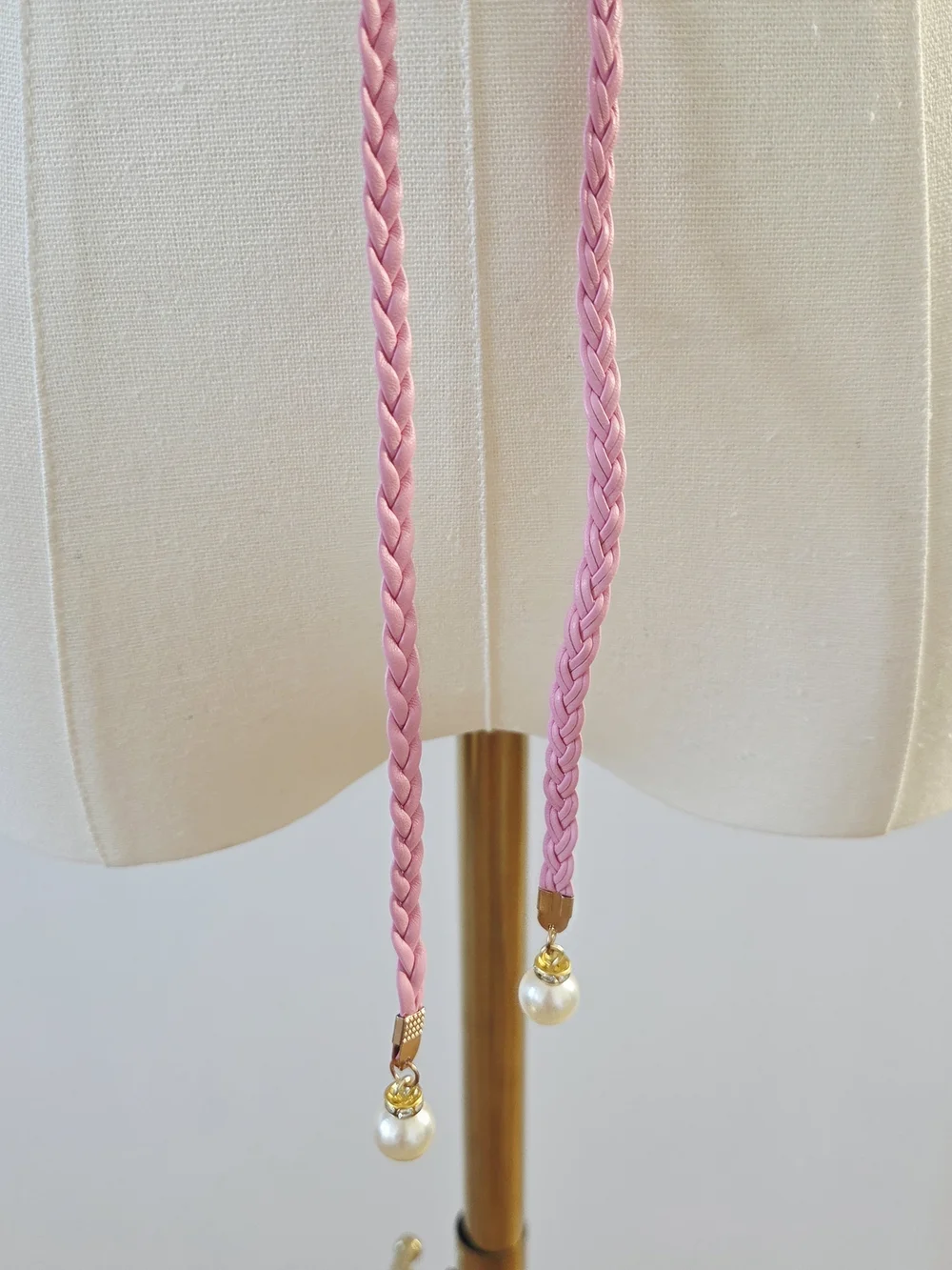 Pink Thin Braided Belt With Pearl Decor